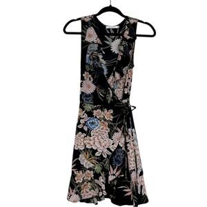 Hello Molly Black Peach Green Floral Mini Wrap Dress Sleeveless Ruffled Women 10